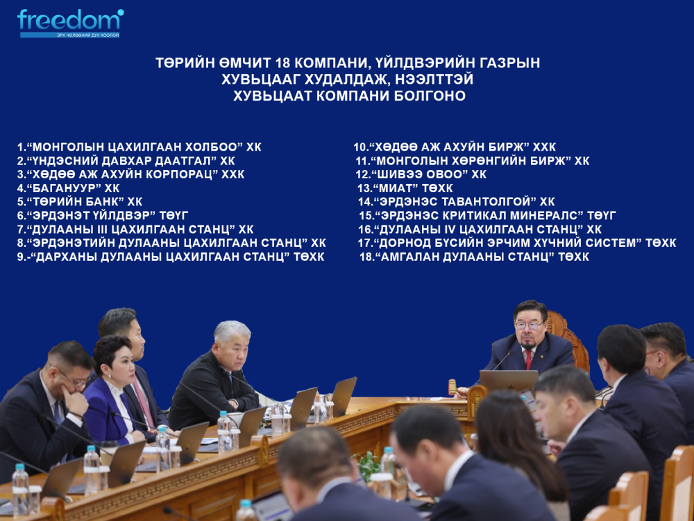 Төрийн өмчит 18 компани, үйлдвэрийн газрын хувьцааг худалдаж, нээлттэй хувьцаат компани болгоно
